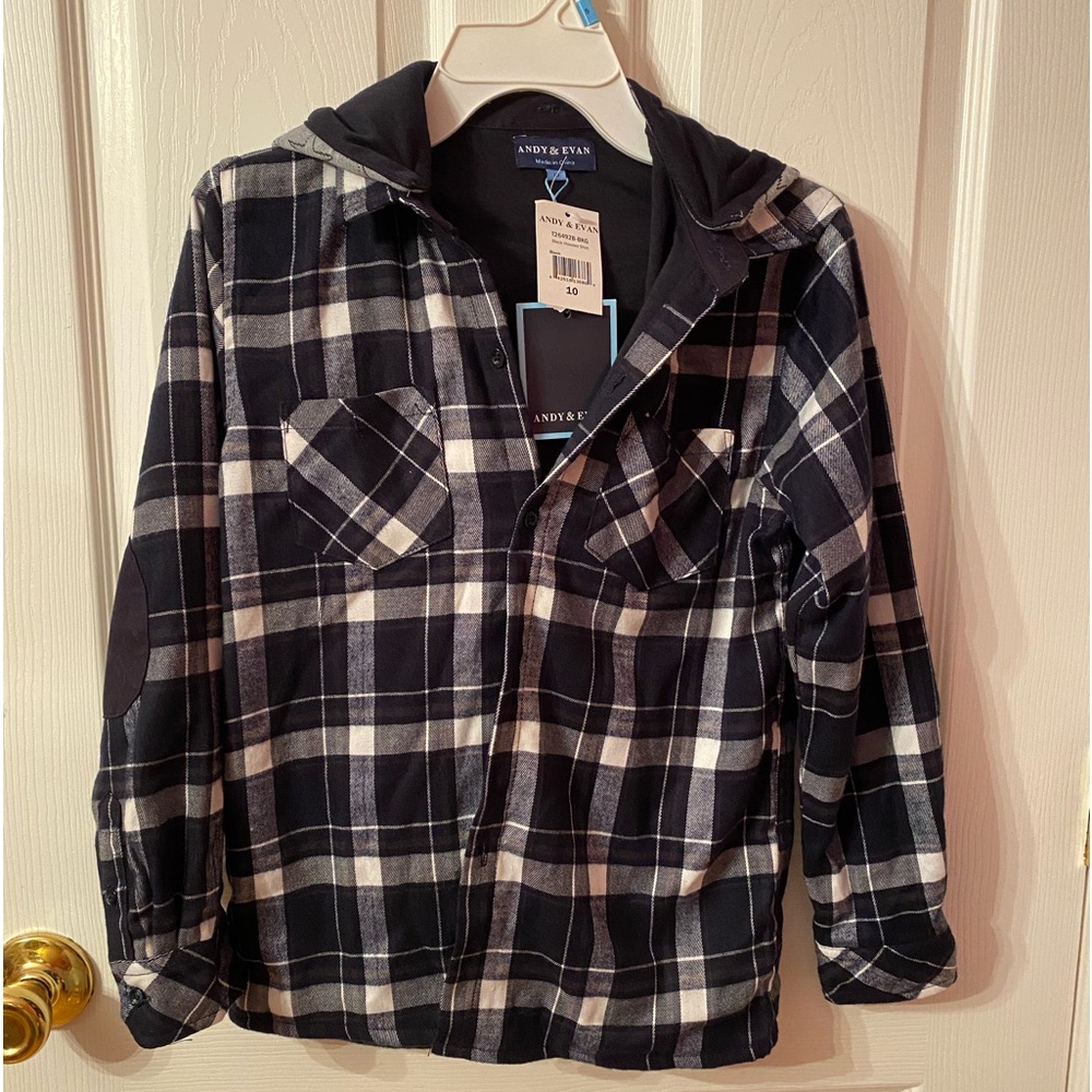 Sz 10 boys lined flannel shirt with detachable hood! (Andy &Evan) nwt Black/gray